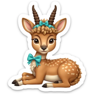 cute gazzelle with curly fur, sitting down, wearing a bow on its head. sticker