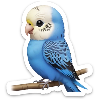 cinematic-cute-blue-budgie-portrait-emoji,-head-tilted-playfully-and-inquisitively,-featuring-a-brilliant-blue-feathered-fur-and white and black feathered face-with-a-natural-sheen,-round,-sparkling-dark-eyes-filled-with-curiosity,-simplified-yet-irresistibly-adorable sticker