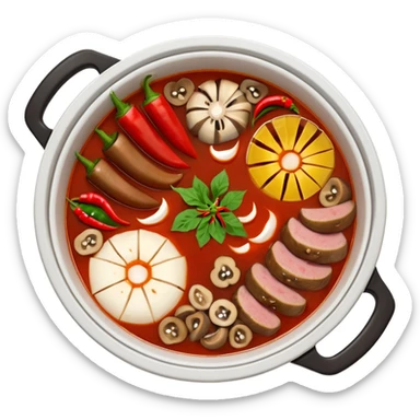 A hot pot emoji in top-down view. The pot is divided into two sections: one with spicy red broth filled with chili peppers, and one with mild white broth. Surround the pot with rolled slices of meat, vegetables, and mushrooms. sticker