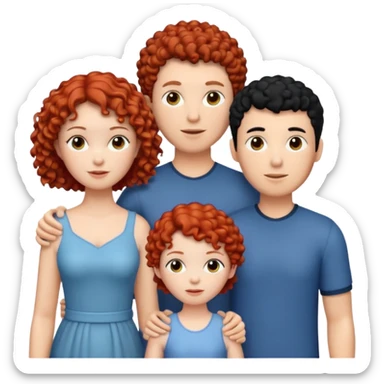 crie uma figurinha com uma família de três uma mulher branca de cabelo  cacheado curto vermelho um homem branco de cabelos preto e uma menina branca de cabelos cacheados preto sticker