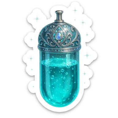 luxurious crystal elixir bottle in capsule (tablet) shape, cyan color, ornate silver and iridescent details, magical glowing and sparkling effects, very small neck, seamless bottom, transparent background, bottle clearly floating in air, no base or shadow, modern, collection style sticker