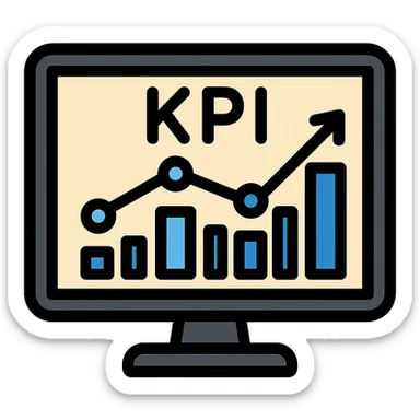 flat vector KPI dashboard icon, black rectangular screen frame, light background, four accent-colored blue bars in rising bar chart, simple line graph and data points overlay, minimal analytical tech-savvy sticker
