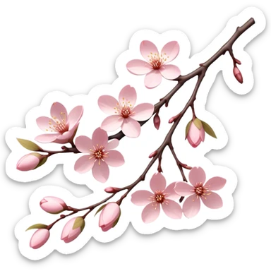 Cinematic Realistic Sakura Flowers on a Branch, depicted as delicate, soft pink blossoms gracefully adorning a slender, gently twisted branch, illuminated by subtle, warm natural light that accentuates their ethereal beauty and transient charm, poetic spring scene sticker