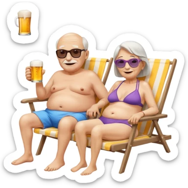 an emoji that shows elderly one slim woman in bikini and one man with dickbauch in bath shorts, both are retired and are lying in sun-chairs at the beach to recover from retiring-stress sticker