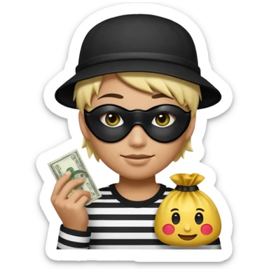 Realistic ios emoji-style portrait of a classic burglar, a black eye mask and a black-and-white striped shirt. Highly detailed, natural skin texture, realistic shadows, smooth gradients, glossy reflections in the eyes. emoji-like hair, black hat, an ios emoji bag of money in a right corner  sticker