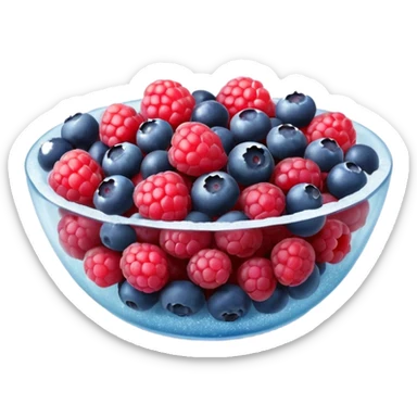 small mix of whole frozen berries including raspberries, strawberries, blueberries, redcurrants, coated with a light frost layer, slightly muted colors and icy sparkle, loosely clustered or lightly scattered, no bag, bowl, or garnish, just the fruits, soft lighting, subtle shadows, emoji scale sticker