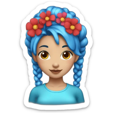 girl with blue hair, blue eyes and two pigtails. she’s wearing a mink shirt with flowers and had red round small earrings sticker