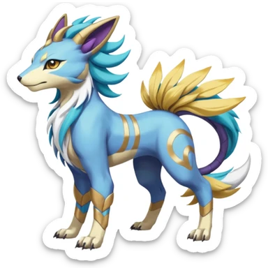 Colorful Skilled Adept Graceful Asian Painted WereGarurumon-Suicune-Linoone-Meloetta-Renamon-fusion-hybrid-creature (full body) sticker