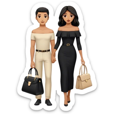 the Lebanese man dressed in all black, and the Palestinian woman in an elegant off-shoulder cream-colored outfit with a matching handbag. sticker