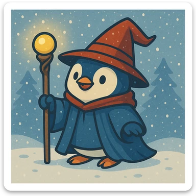 Add falling snowflakes to the scene with the penguin wizard and snowy background, keeping the whimsical style. sticker