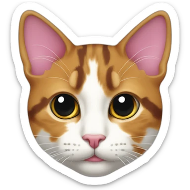 young calico cat face with a pink nose and a white chin sticker