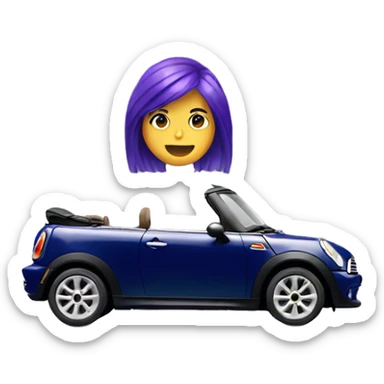 navy blue convertible Mini Cooper, with purple haired woman driving sticker