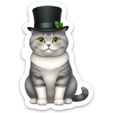 British Shorthair cat full body sitting with a top hat and green eyes sticker
