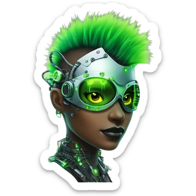 Neon green Mohawk hair female cyborg head with silver steampunk goggles and circuits sticker
