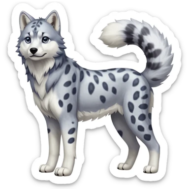 Realistic lanky natural feral beautiful pretty "Schnolf"-"TaniDaReal"-Husky-Snow-leopard-wolf-hybrid-fusion-animal-creature, full body, with whiskers, thick long fluffy puffy limp feline tail sticker