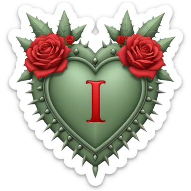 Can you make a sage green heart with a gothic design, I want roses and spikes around the heart. In the middle of the heart the letter I sticker