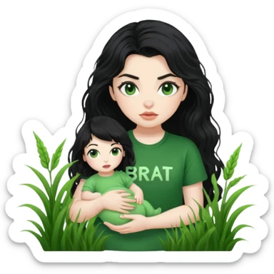 current charli xcx with here long black wavy hair, thich black sungrasses, pale skin, and a green baby tee that said brat in the brat font. sticker