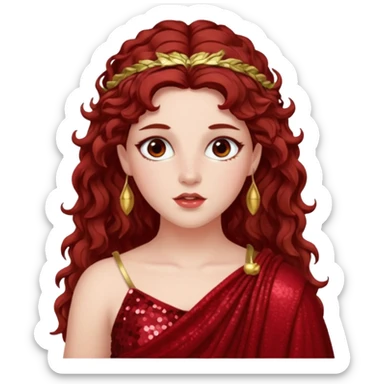 Persephone from Greek Gods with long dark auburn wavy hair, deep red sequin toga sticker