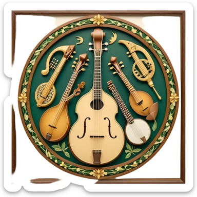 Design a complex and festive emblem-like emoji representing plucked string instruments, such as a banjo, mandolin, domra, sitar, and similar instruments. The composition should resemble a heraldic crest, with the instruments arranged symmetrically and gracefully, their necks intertwining with a flowing ribbon of musical notes. The ribbon should weave through the strings and headstocks, symbolizing the harmonious connection between the instruments. Use detailed engraving on the instrument bodies and fretboards to emphasize their craftsmanship. Incorporate rich, celebratory colors like gold, mahogany brown, deep green, and vibrant accents. Add subtle shading and light reflections to create a three-dimensional, polished look. Include ornate elements like swirls, laurel leaves, and decorative flourishes to enhance the festive and professional appearance. The background should be transparent to highlight the emblem as a standalone piece. sticker