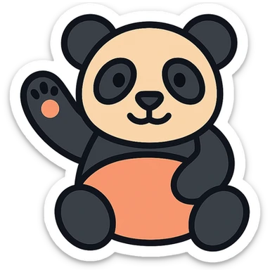 playful panda waving its paw, color icon style with black outlines and soft color fills sticker