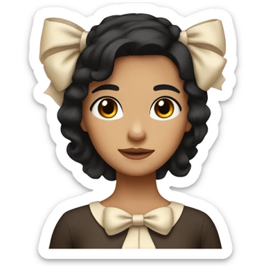 Cute Tan girl with black hair and brown eyes wearing a cream bow sticker
