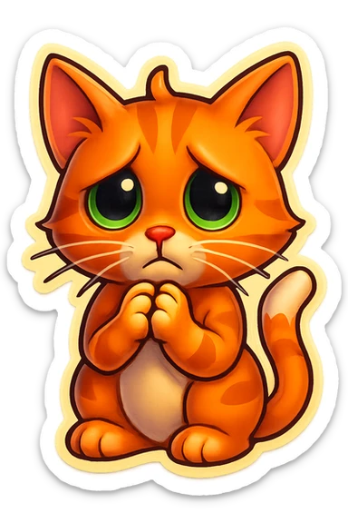 Bring the cat's paws up so they are touching each other just below the chin. Make the face look even sadder, with more expressive disappointment. Keep the style and transparent background. sticker