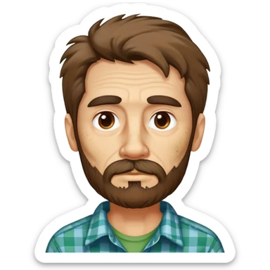 Skinny Hispanic man, 55 years old with light skin. Gaunt face with visible bone structure. Messy, tousled brown hair. Patchy brown beard that needs trimming. Tired eyes. Wearing an oversized green and blue checkered shirt on his thin frame. sticker