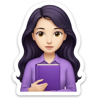 Long Hair Women with purple Book, Black wavy hair, beige shir, without background sticker