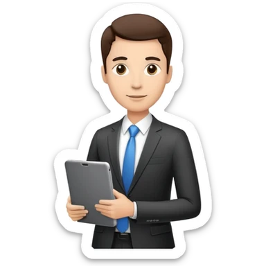 ceo executive confidently, holding a digital tablet or folder, wears smart business attire sticker