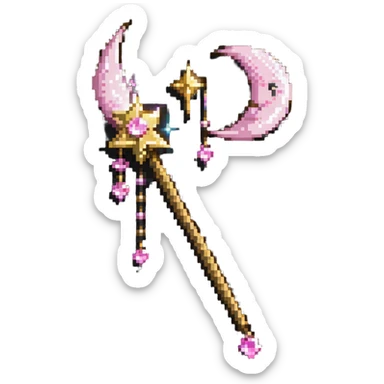 Sailor Moon's Moon Stick, a pink wand with a golden crescent moon on top and a magical pink crystal sticker