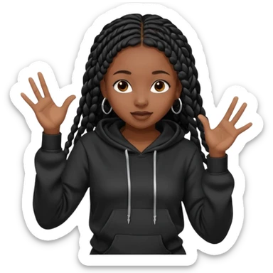 African American girl dark skin with long black box braids wearing plain black hoodie with hands dancing sticker