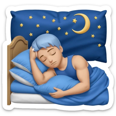 A young muscular male with short dark-blonde hair and medium-light skin, wearing blue cloth. He sleeps on his side, holding a soft white pillow, his head on a smooth blue pillow. A sleeping symbol floats above him in the dark, nighttime scene. A flowing blue blanket with silky folds covers him. sticker