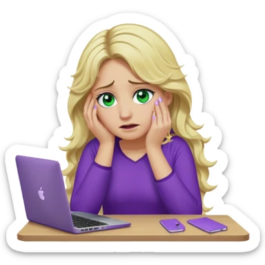 lady with long wavy blonde hair, purple top, green eyes, elbow on desk with hand on face, with a purple mac laptop tears down face. sticker