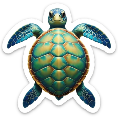 Cinematic Noble Sea Turtle Portrait Emoji, Poised and wise, with a majestic, domed shell adorned with rich, textured patterns and a smooth, ancient body gliding gracefully through the water, deep, reflective eyes exuding calm wisdom, Simplified yet sharp and sophisticated features, highly detailed, glowing with a soft, oceanic glow, high shine, intelligent and graceful, stylized with an air of timeless marine majesty, focused and serene, soft glowing outline, capturing the essence of a watchful and confident sea guardian that appears ready to glide out of the screen with effortless authority! sticker