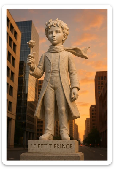 Full-length marble sculpture of the Little Prince holding a rose, set in a modern city. The pedestal is engraved with [TEXT]. Ultra-realistic, sunset, view from below. sticker