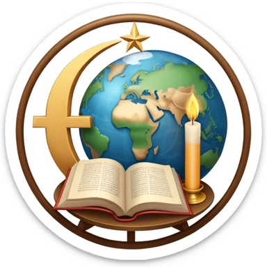 An icon featuring a holy book, a candle, a cross, and Islamic crescent and star, alongside a Buddhist wheel of Dharma, symbolizing religious studies. The design includes a globe with these symbols, representing the diversity of beliefs. Transparent background  sticker