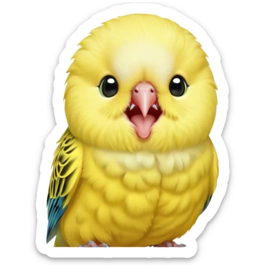 Cinematic Cute Yawning Yellow Budgie Portrait Emoji, Head tilted slightly with a dramatic, wide-open yawn, showcasing a soft, downy yellow feathered fur with gently drooping wings, round dark eyes barely open in drowsy contentment, Simplified yet irresistibly adorable features, highly detailed, glowing with a soft, cozy glow, high shine, relaxed yet expressive, stylized with a touch of whimsy, bright and endearing, soft glowing outline, capturing the essence of a sleepy yet affectionate budgie, so drowsy it feels like it could stretch out of the screen and curl up for a nap! sticker