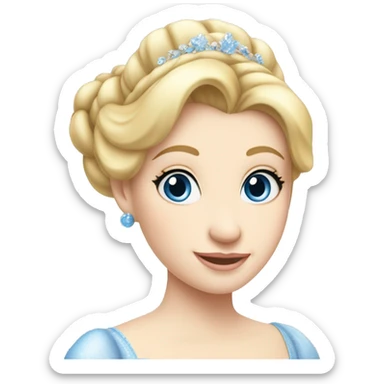 Cinderella with her hair in a bun. Bright blonde hair and pale skin. She has blue eyes. Her cinderella dress sparkling sticker