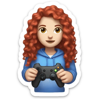 a white girl with long red curly hair, wearing periwinkle Minecraft hoodie holding a controller sticker