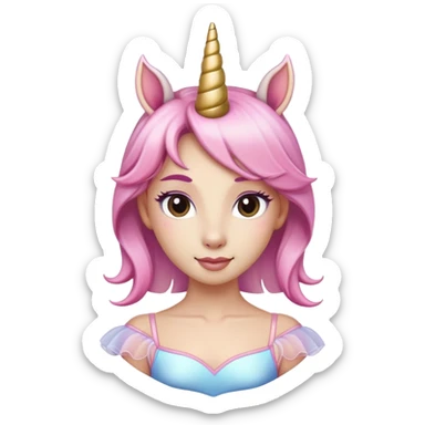 head and shoulders of an anthropomorphised female unicorn ballerina, straight on view, relaxed pose, clearly a unicorn, apple emoji style sticker