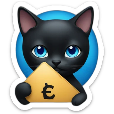 a black cat with blue eyes holding a freedom finance company sign in her hand sticker