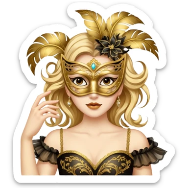 A woman in an ornate gold masquerade mask and elegant outfit, holding the mask delicately. sticker