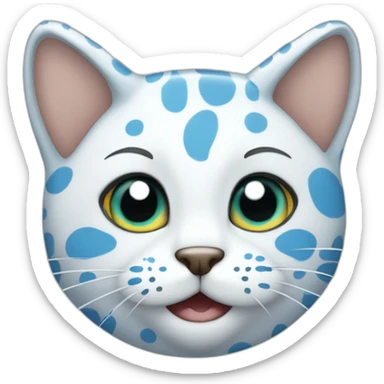 cartoon white spotted cat, the spots are blue, the one spot is on a head on his left side, the second spot is on an ear sticker