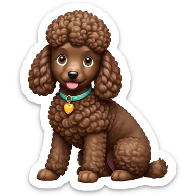 cinematic-[poodle]-realistic-full-body-sitting-emoji,-tail-resting-loosely-beside-its-paws,-head-tilted-dramatically, -curly-[chocolate]-fur,-simplified-yet-realistic-focused-features,-highly-detailed,-glowing-with-an-almost-sarcastic-glow sticker