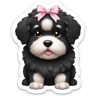 fluffy fat black puppy with pale pink bow sticker