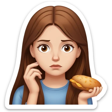 Hungry white girl with brown long hair, thinking sadly about food sticker