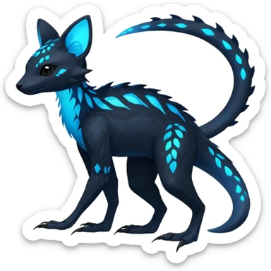 Rare realistic dark black with glowing blue bioluminescent edgy badass epic pretty beautiful handsome gorgeous aesthetic colorful vibrant Vernid-Trico-Amaura-species-Fakemon-creature by LiLaiRa, 4 legs, 1 tail, random markings, (full body) sticker