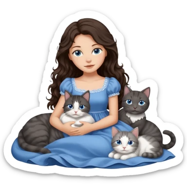 detailed realistic looking a dark grey and white cat regally laying with six other cats, cuddling with their owner in bed who is a pretty bratz lightly tanned white girl with long dark brown hair, blue eyes and gorgeous long wavy hair wearing a pretty detailed dress sticker
