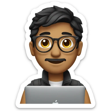 young male indian designer, black hair, aviator eyeglasses, working on Macbook sticker