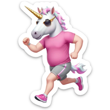 friendly anthropomorphised male white unicorn with an extra chunky, very strong and stocky build, arms and legs matching the white of the head, in grey shorts and pink t-shirt, wearing dark sunglasses, jogging upright in a standard pose sticker